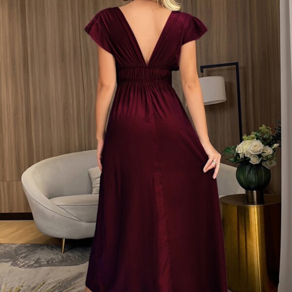 Burgundy Plunging Neck Butterfly Sleeve Maxi Dress - Picture 12 of 12